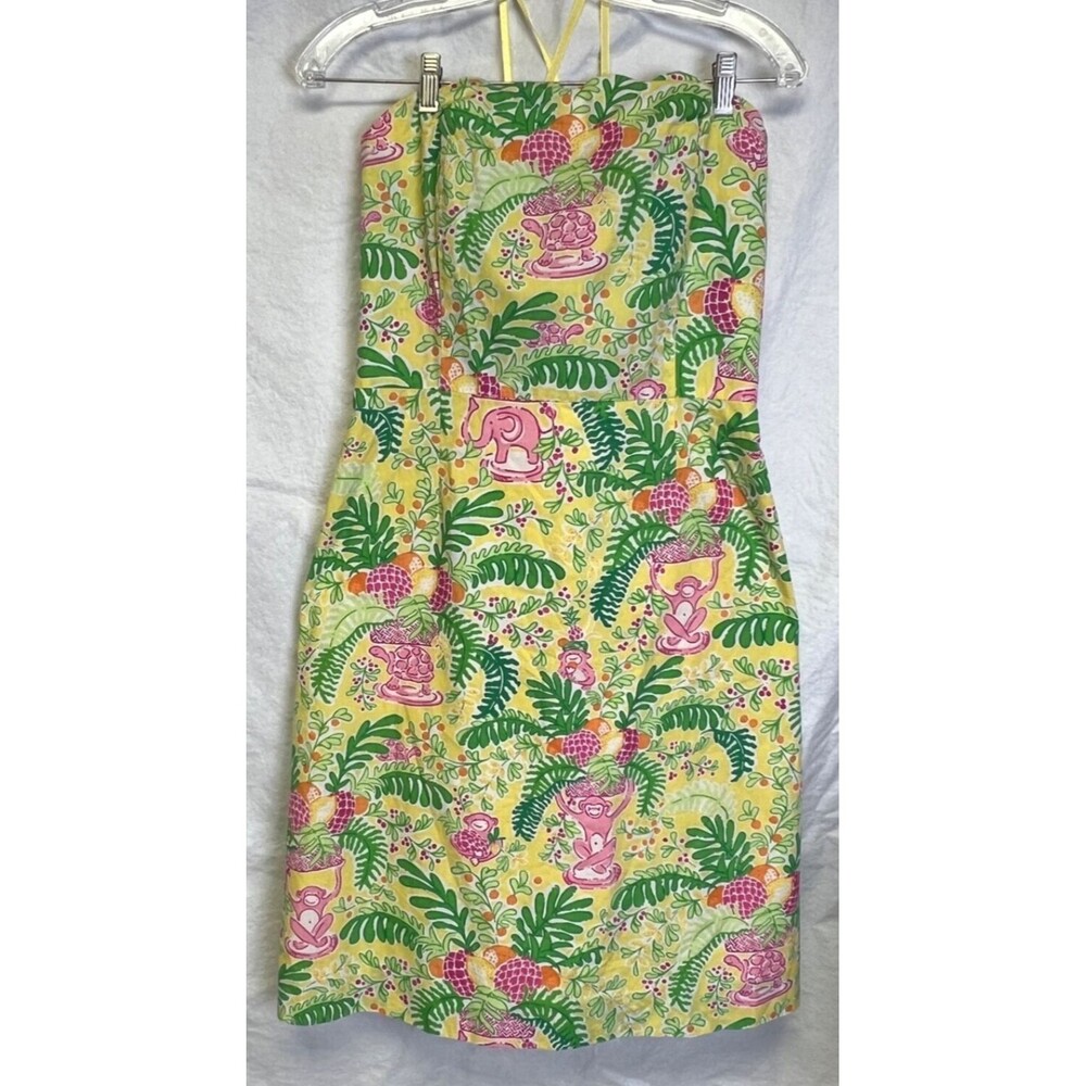 Lilly Pulitzer Strapless Yellow Pink Elephant Turtle Monkey Scalloped Dress 12